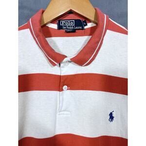 VTG Polo Ralph Lauren Rugby Polo Shirt Mens Lg Orange Striped Short Sleeve LOOK!
